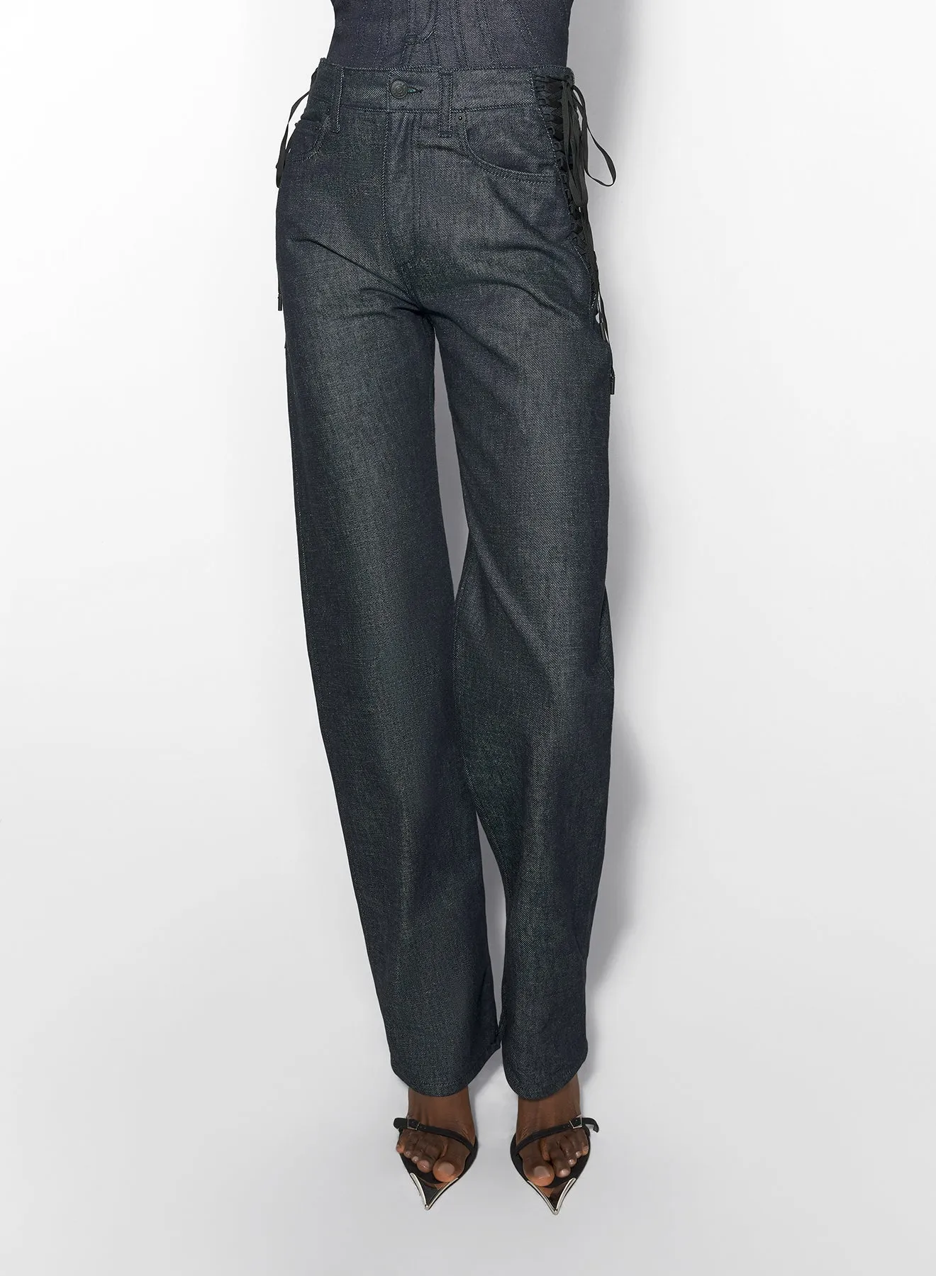 Elastic Free Cuffs No Gap Waist raw blue laced-up straight leg jeans