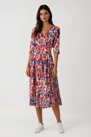 Romance Glow Red Blue Floral Ruched Waist Midi Dress