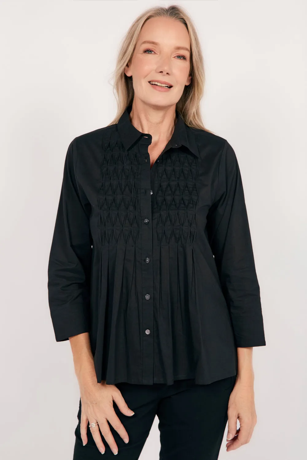 Vivienne Pintuck Blouse in Black Sleek Layer