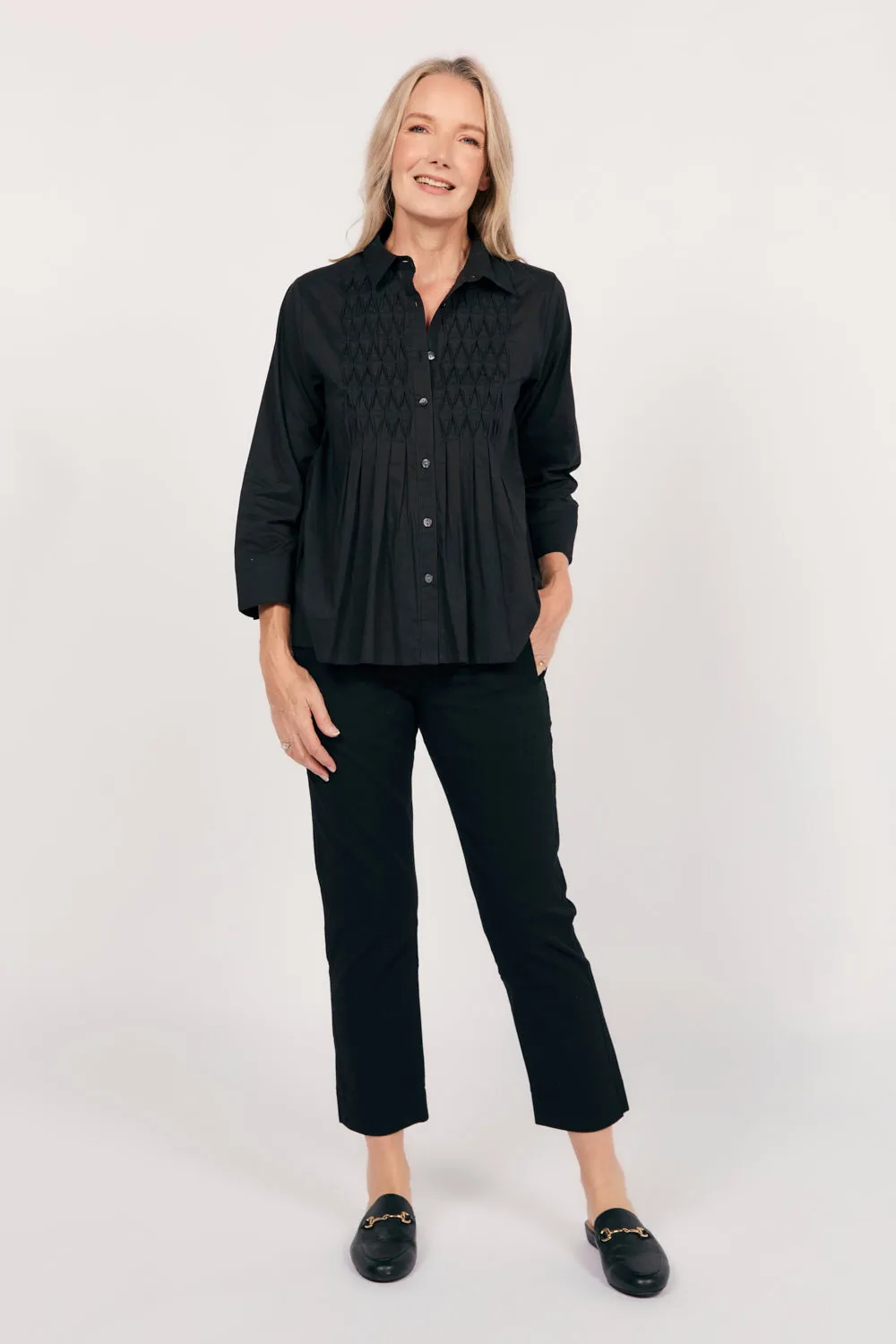 Cozy Style Trendy Comfort Fit Vivienne Pintuck Blouse in Black