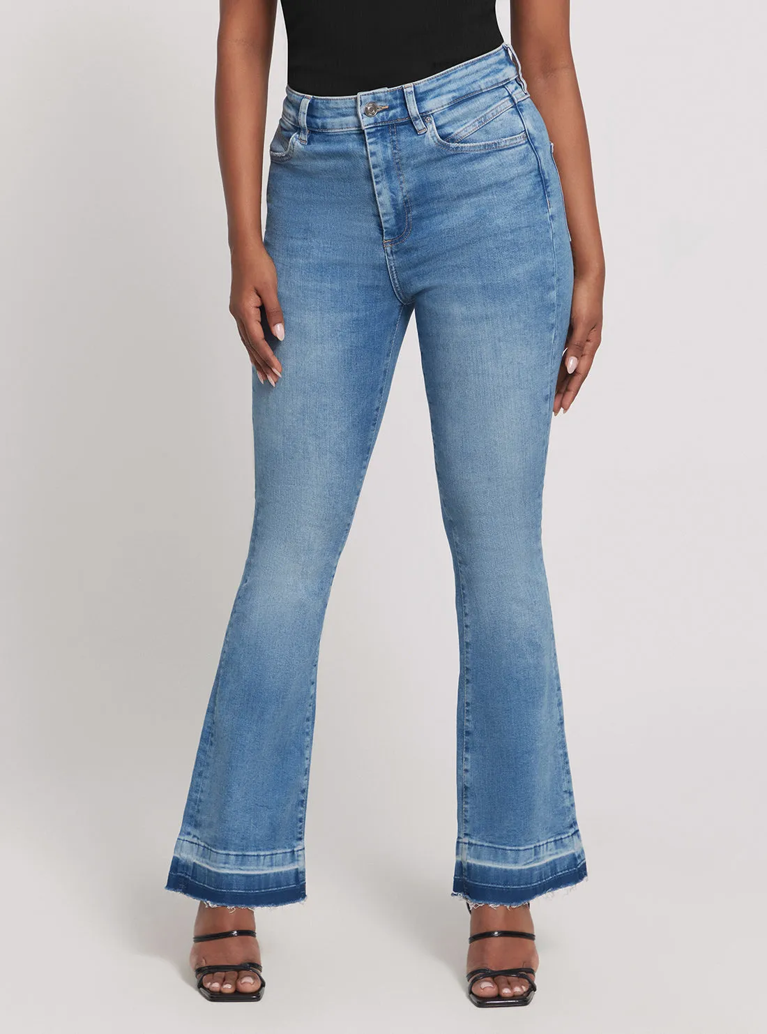 Sandblasted Details High-Rise Pop 70s Denim Jeans in Mid Wash