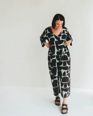 Mai Green Cairn Print V- Neck Jumpsuit Tagless Labeling GentleWaistband