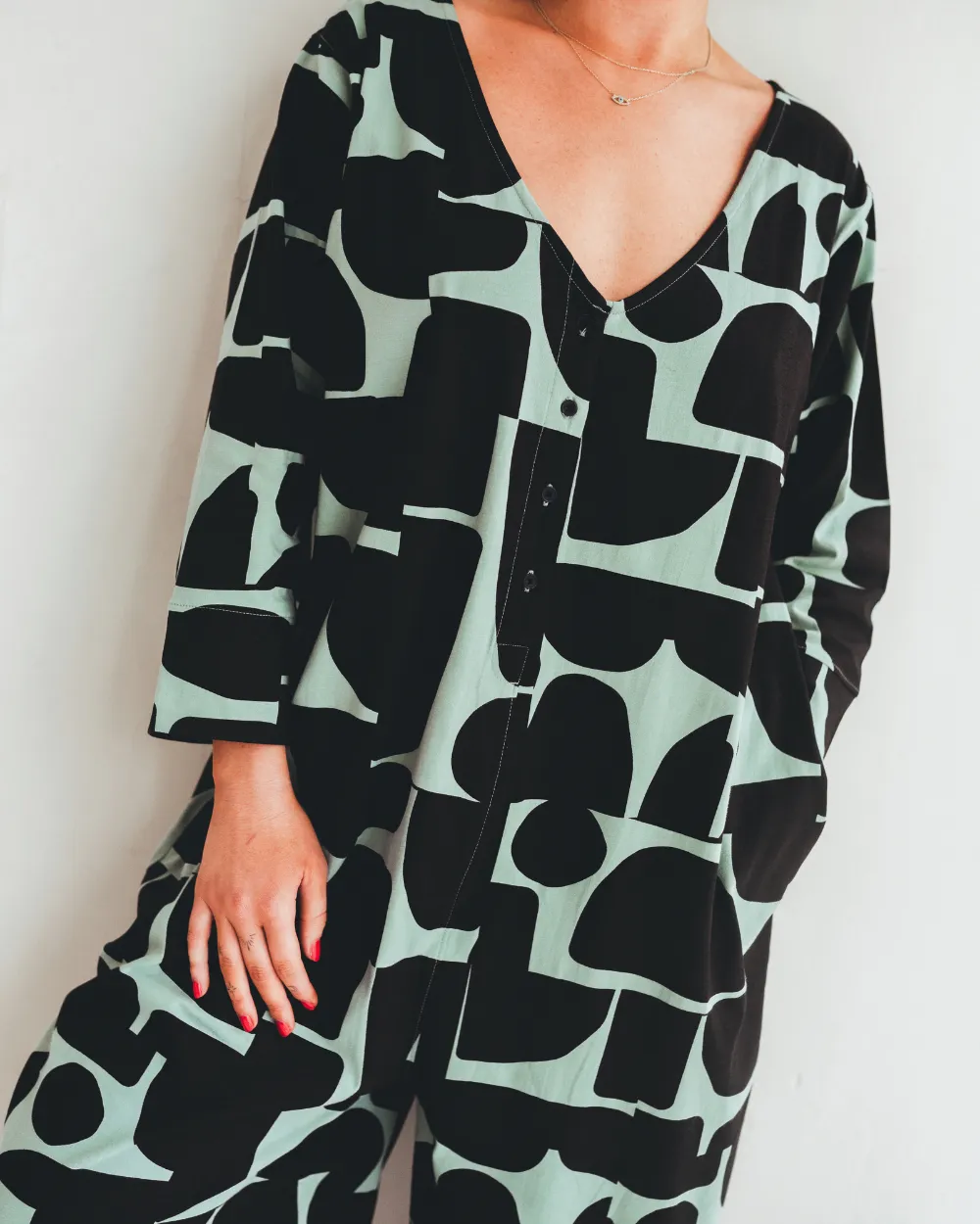 Mai Green Cairn Print V- Neck Jumpsuit DurableThreadwork