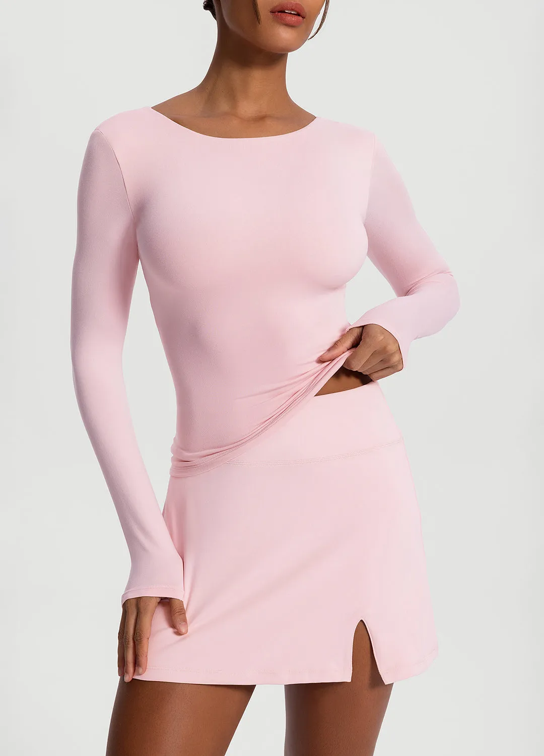 Soft Touch Texture Open-Back Long Sleeve Top