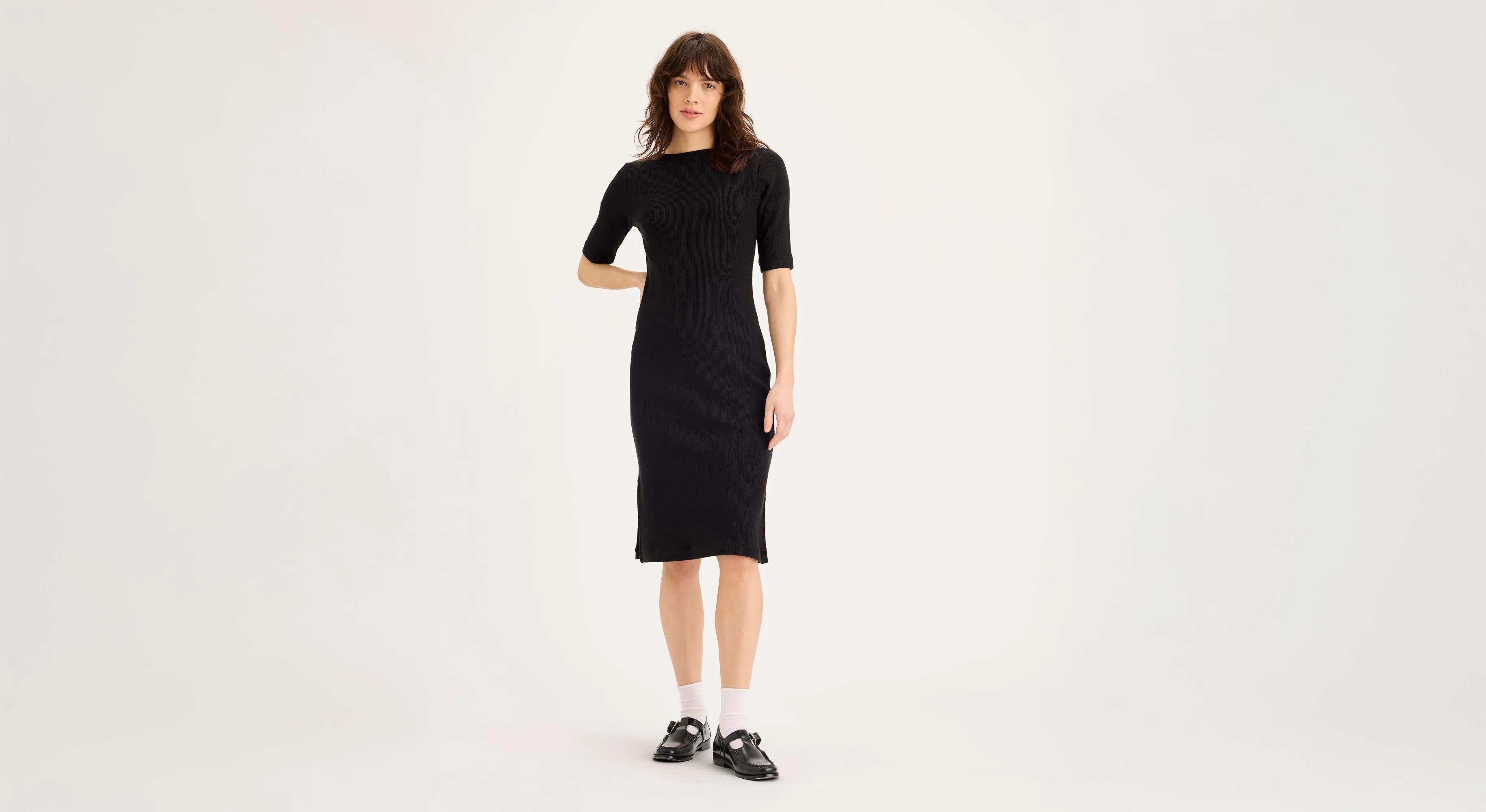 Active Wearable Smooth Neckline Rib Dress with Lofi Knit, Slim Fit