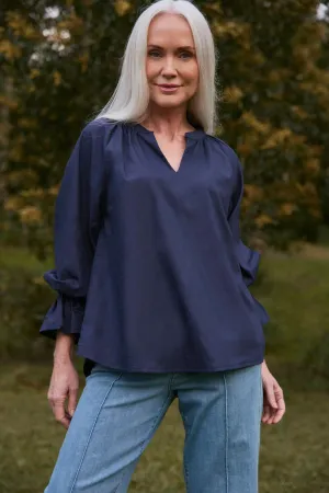 Comfy Layer Anti Static Fabric Robin Frill Cuff Top in Navy Poplin