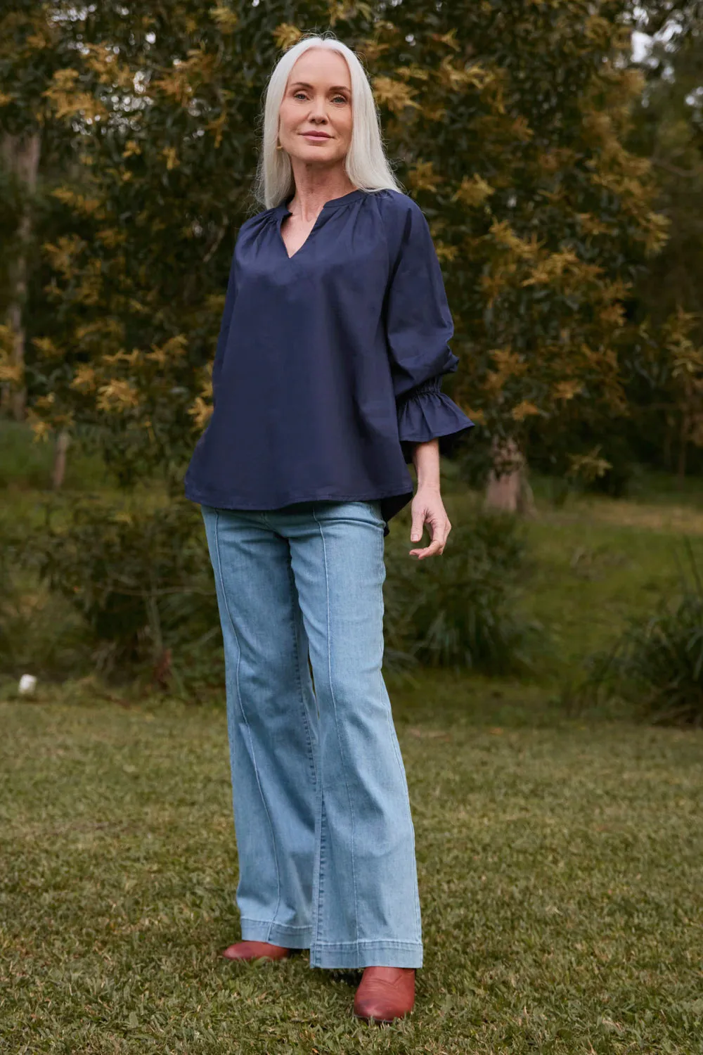 Stretch Material Weekend Comfort Robin Frill Cuff Top in Navy Poplin