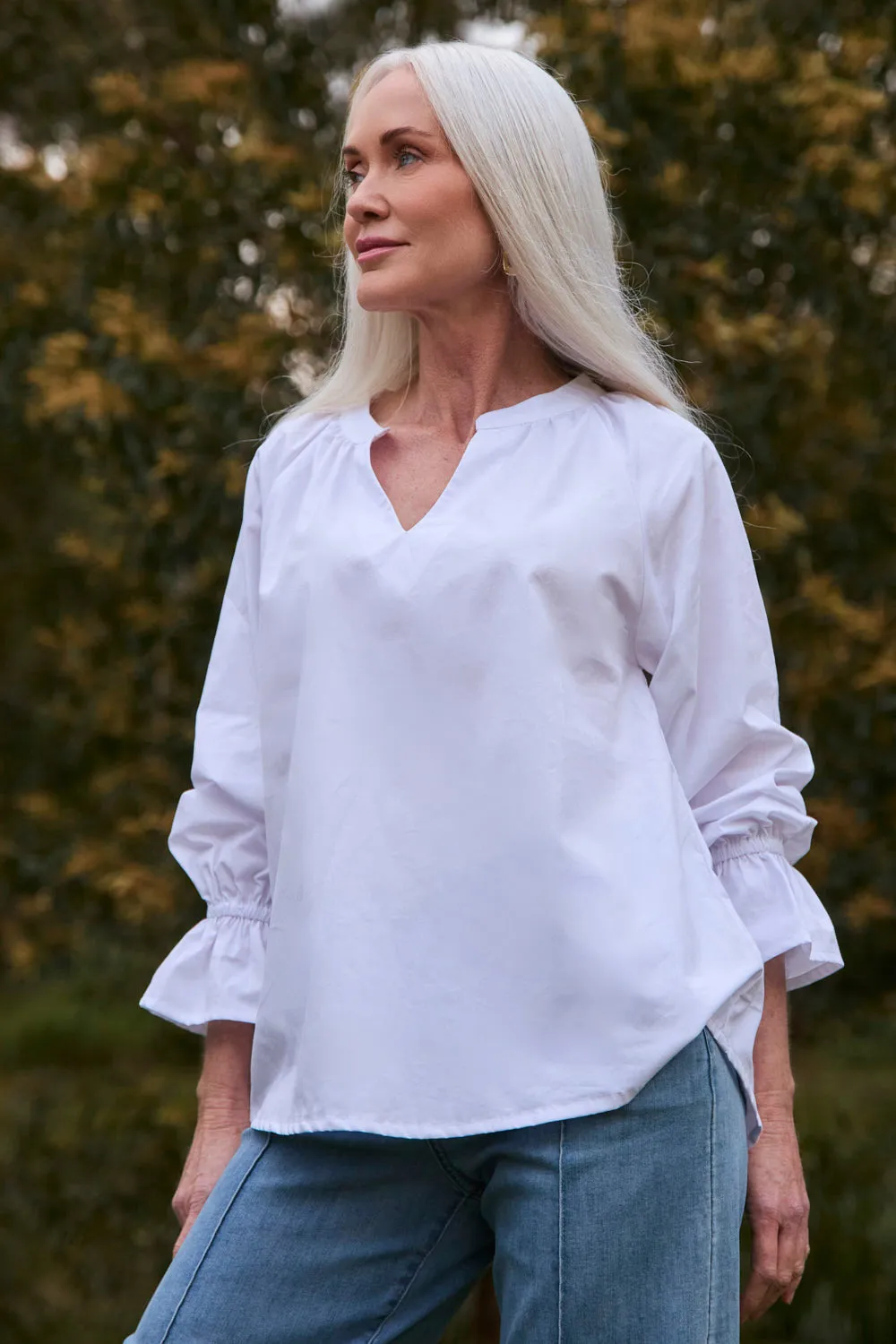 Robin Frill Cuff Top in White Poplin Casual Appeal spandex blend