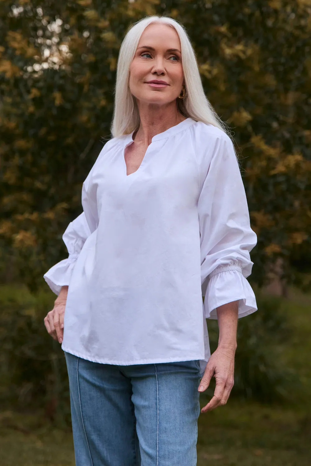 Robin Frill Cuff Top in White Poplin Breezy Design