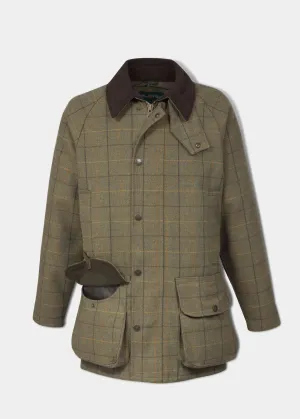 Easy Fit Rutland Men's Tweed Waterproof Shooting Coat In Dark Moss - Regular Fit