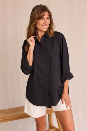 Reinforced Neckline Cozy Wardrobe Sam Cotton Poplin Shirt in Black