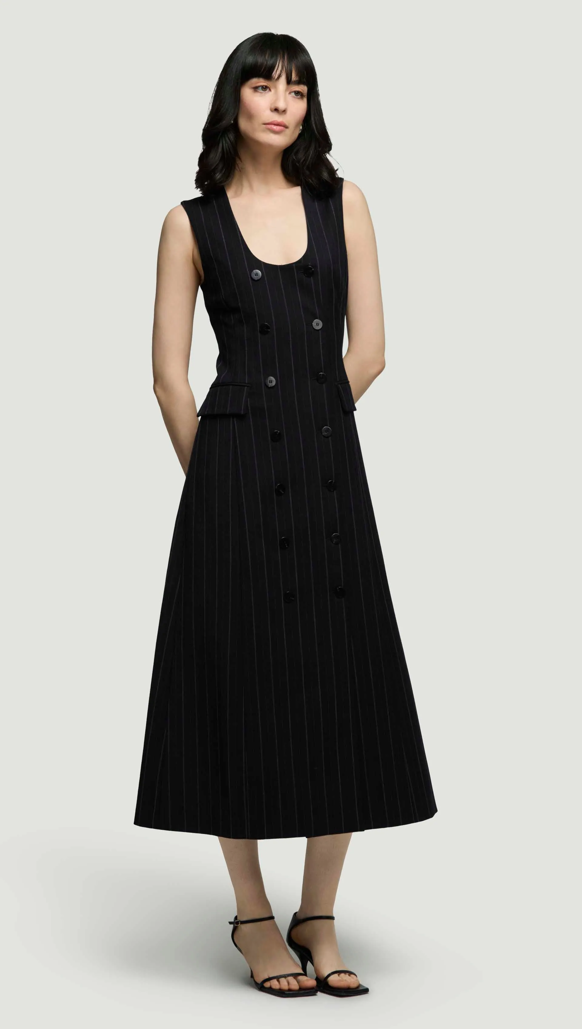 Scoop Neck Double-Breasted Dress in Stretch Wool | Herringbone Midnight Stripe Full Coverage