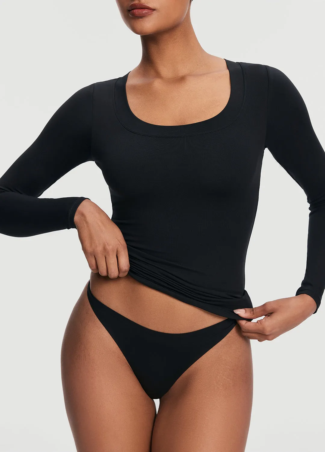 Scoop Neck Long Sleeve Top Fashionable Wear monochromatic