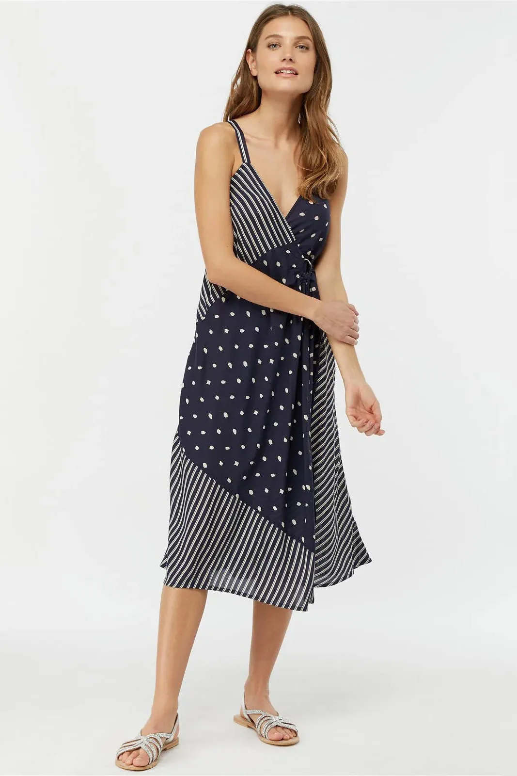 Navy Spots Stripes Wrap Dress Effortless Style Youthful Style
