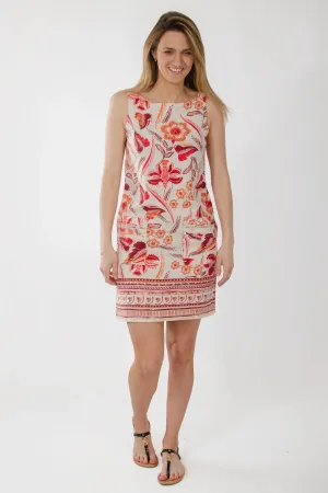 Beige Red Floral Linen Dress Versatile sundress Fit Waist