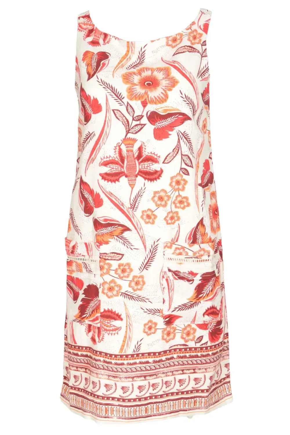 Beige Red Floral Linen Dress Sophisticated Look