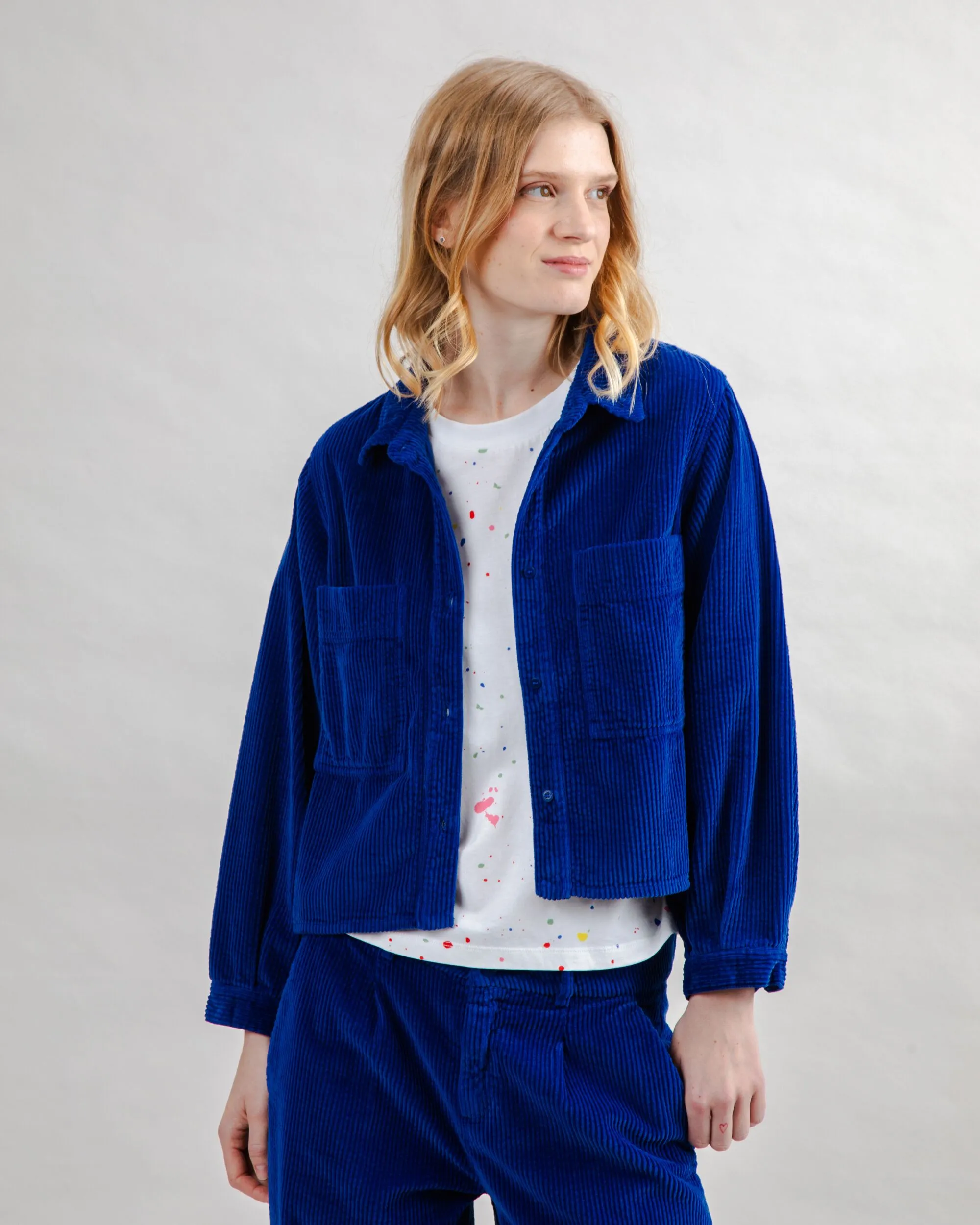 Corduroy Boxy Shirt Blue LayeringFriendly short sleeved