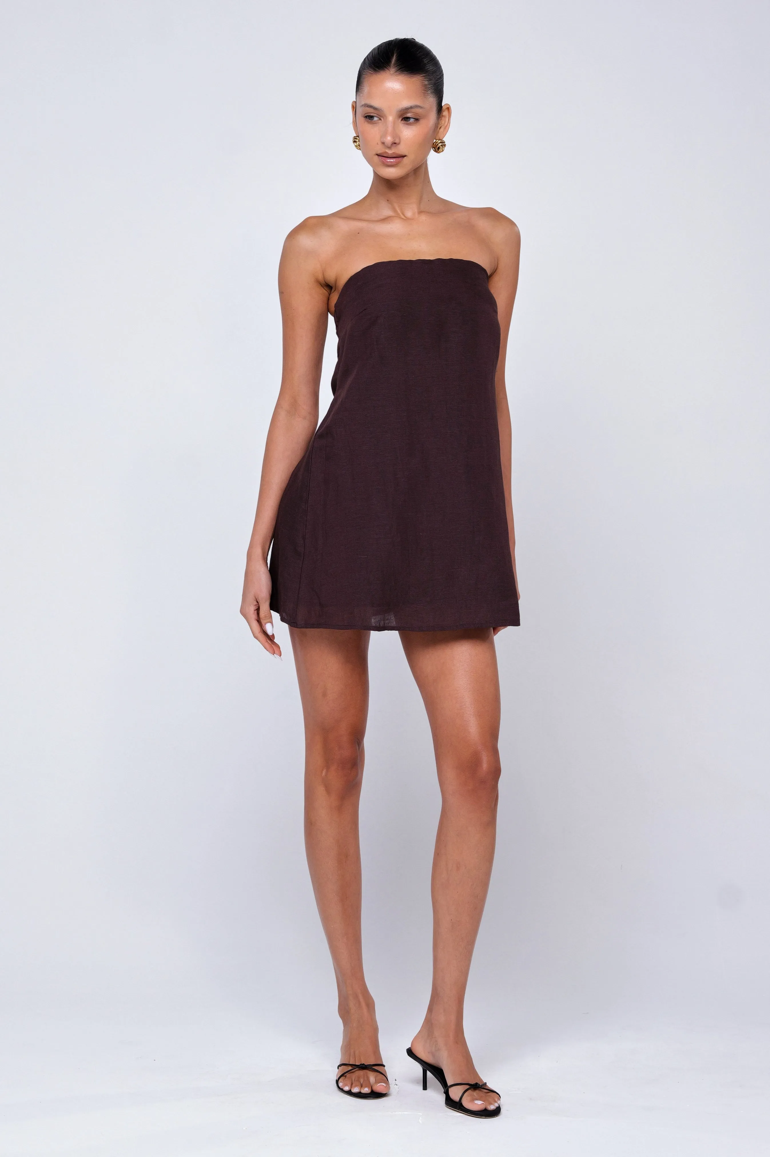 Korean Trend Olive Mini Dress in Brown Linen