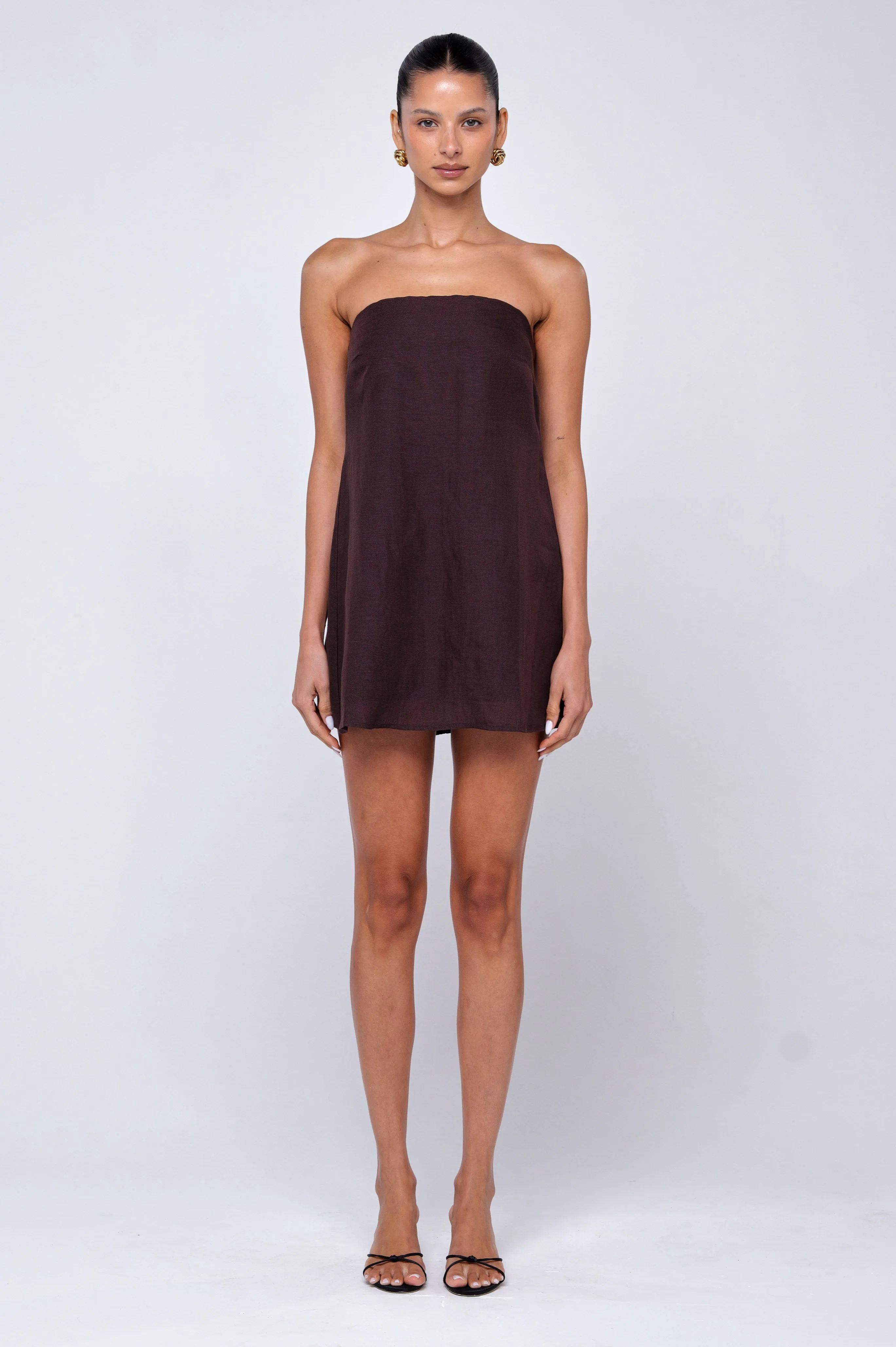 Olive Mini Dress in Brown Linen Soft Mesh