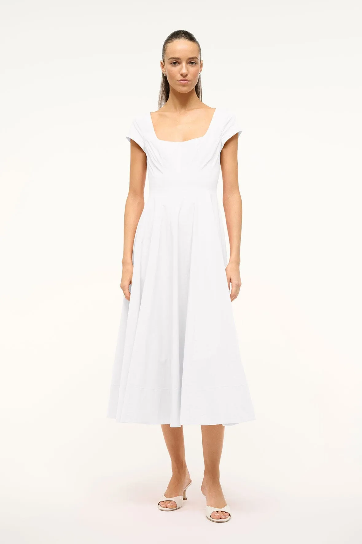 SHORT SLEEVE WELLS DRESS | WHITE Simple yet sophisticated gown Embroidered Fabric