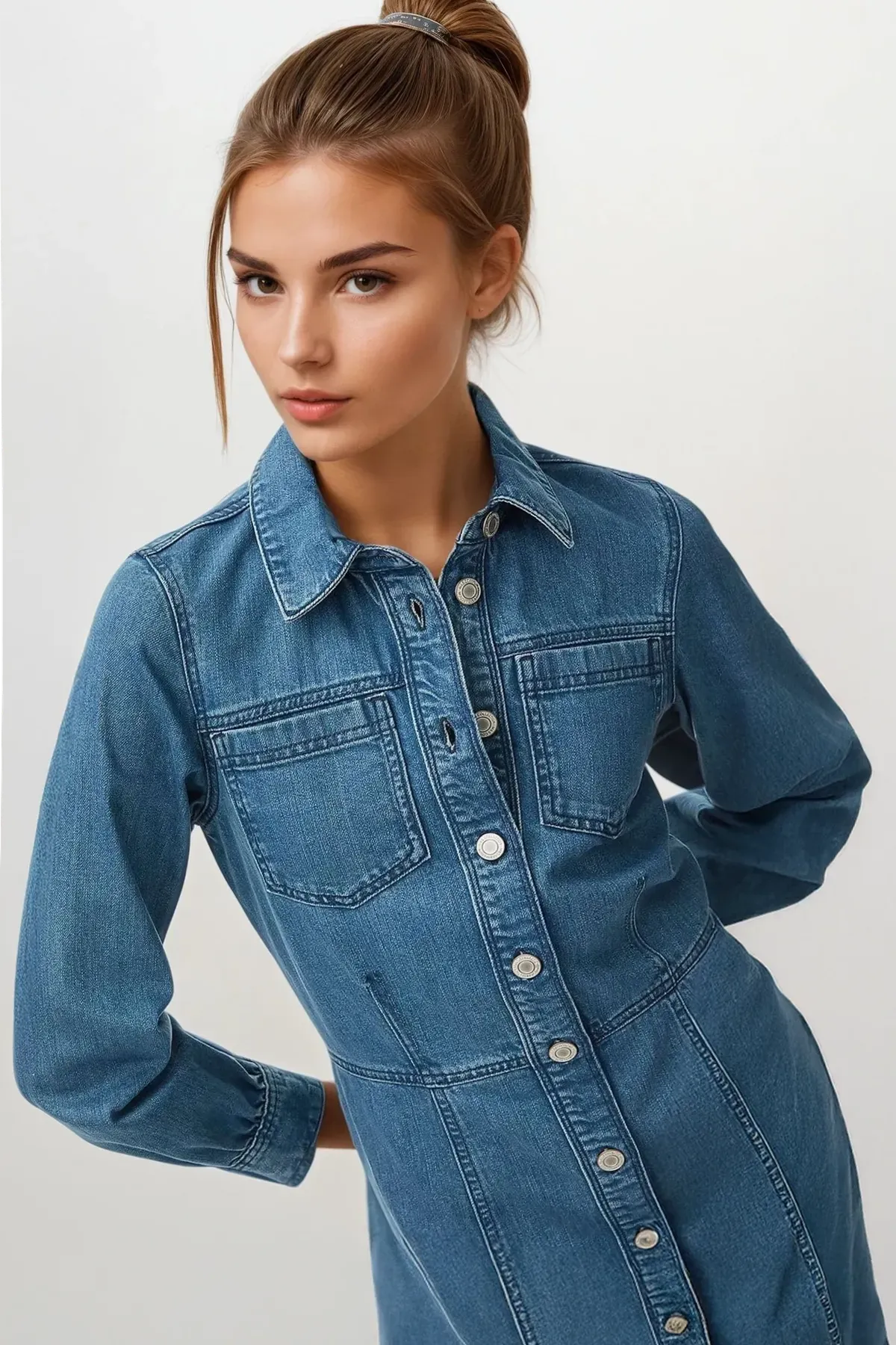Denim Mini Shirt Dress Long Sleeve Ruched-Detail