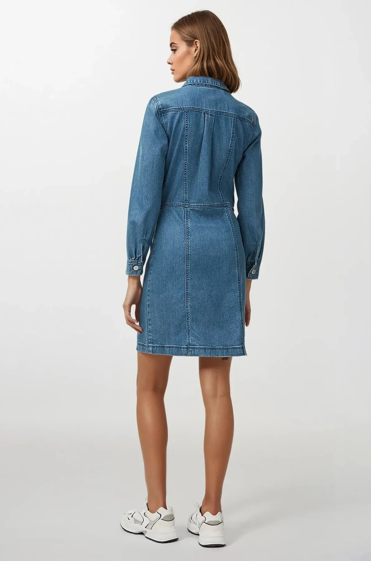 Relaxed and Elegant Ombre-Effect Denim Mini Shirt Dress Long Sleeve