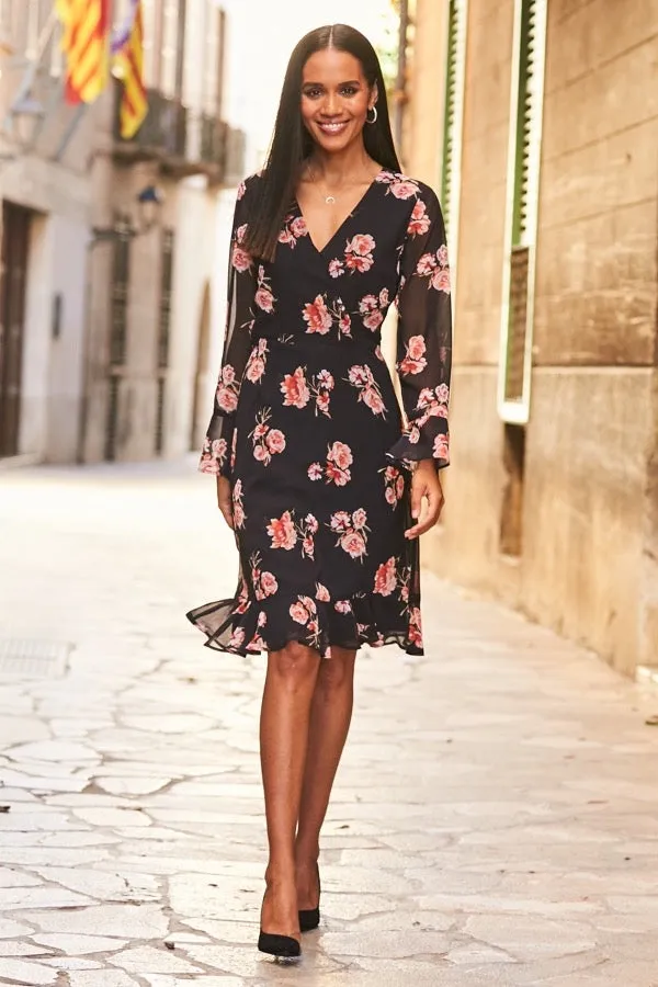 Black Rose Wrap Dress Layer Safe Tailored Layers