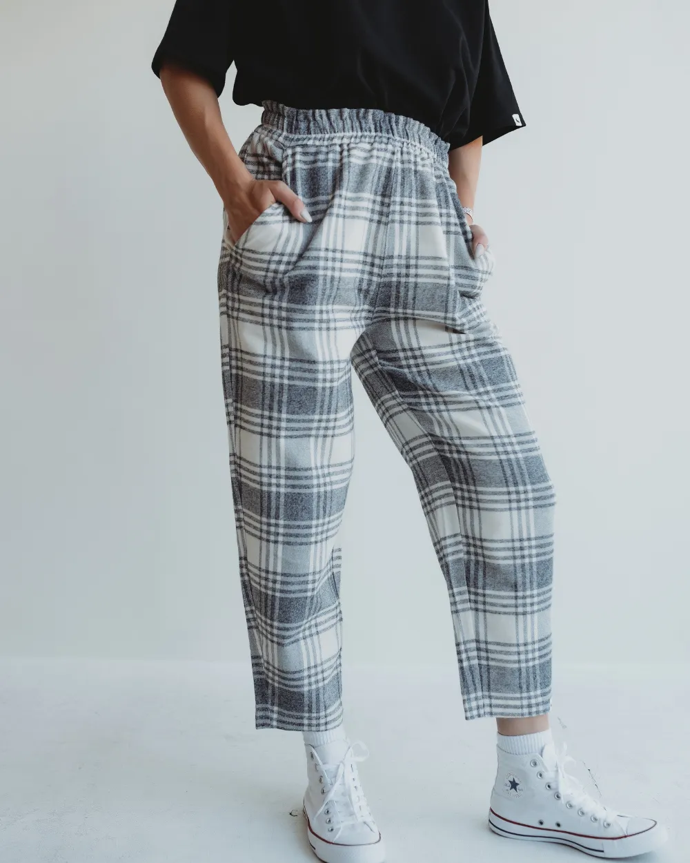Kate Multicolour Brushed Check Print Barrel Leg Trousers All Season Versatility