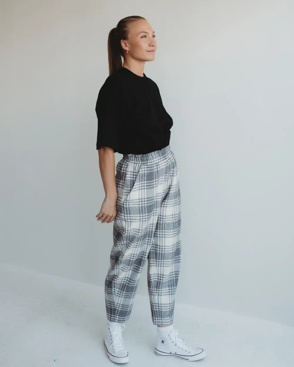 Kate Multicolour Brushed Check Print Barrel Leg Trousers Easy Layer
