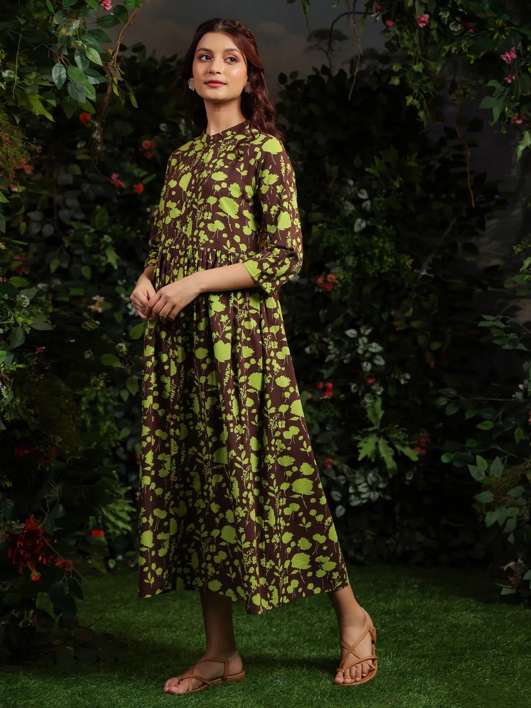 London Cool Women's Cotton Floral Printed Gathered Maxi Dress