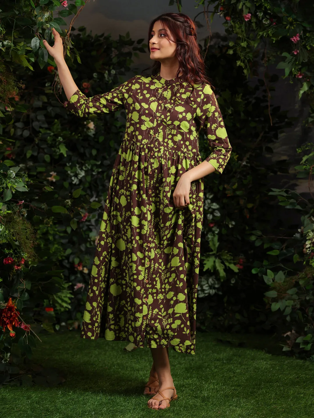 Women's Cotton Floral Printed Gathered Maxi Dress Slim Touch Work Comfort