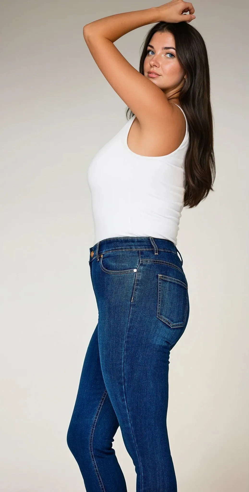 Jacqui Vintage Blue Jean Comfort waistband Elegant Vibrant Textured