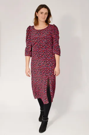 Sheer Light ElasticWaistband Black Pink Floral Midi Dress