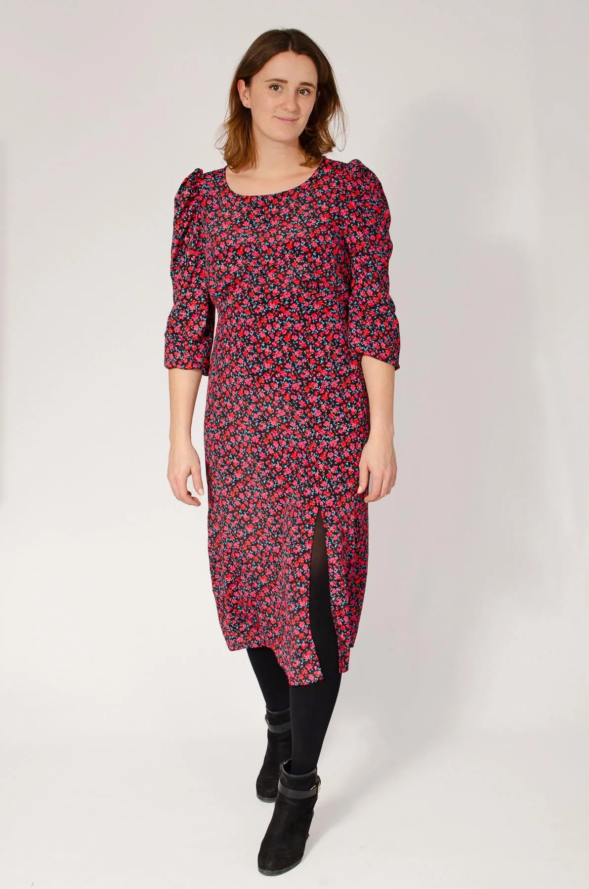 Rose Soft High-Fashion Black Pink Floral Midi Dress