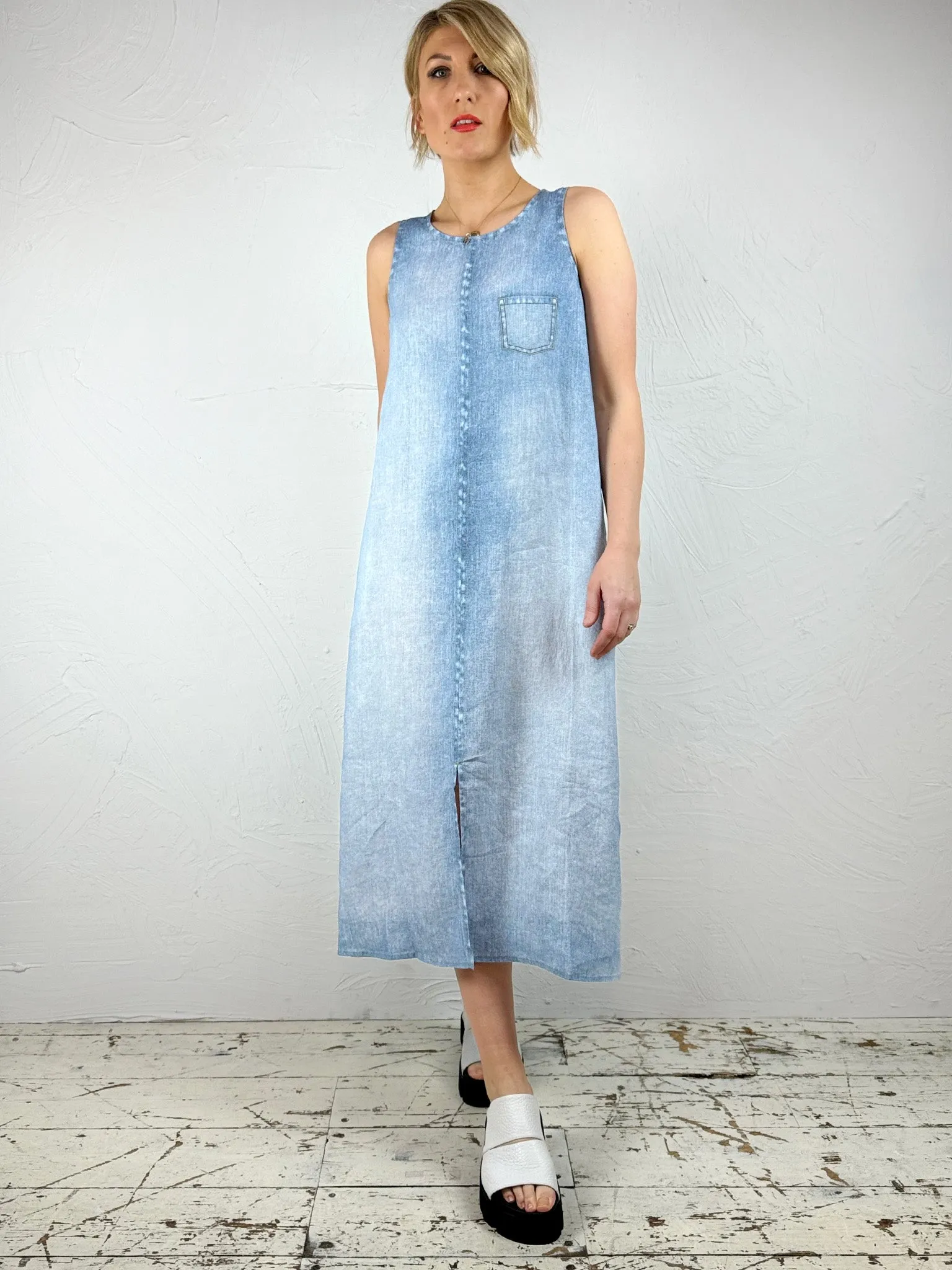 Sleeveless Denim Effect 'Owo' Linen Dress Perfectly Styled Non-Pilling