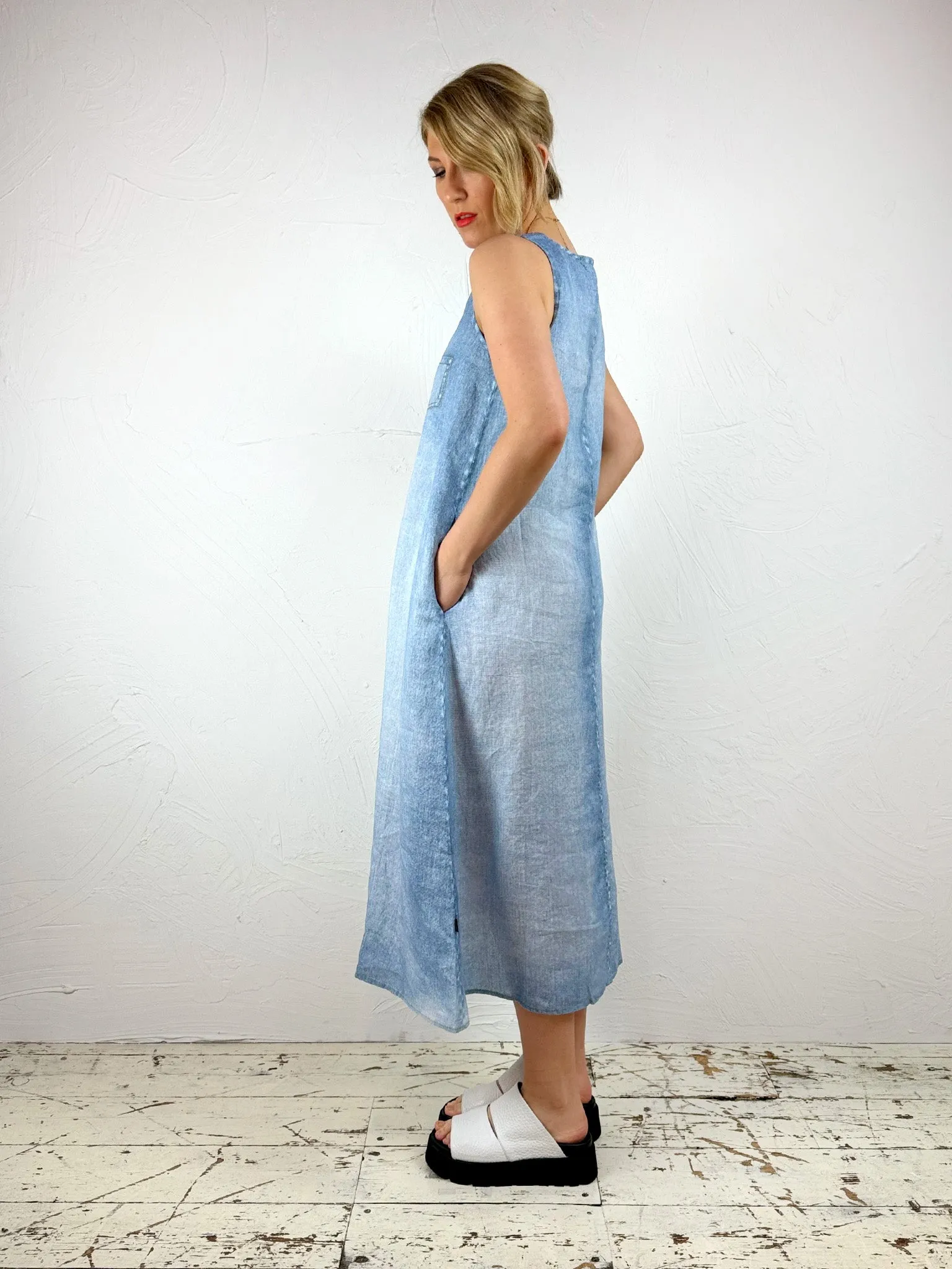 Sleeveless Denim Effect 'Owo' Linen Dress Slim Touch Sheer Look