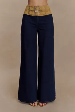 Zip Fly Closure All Purpose Miranda Faux Suede Belted Denim Wide Leg Jeans - Indigo Blue