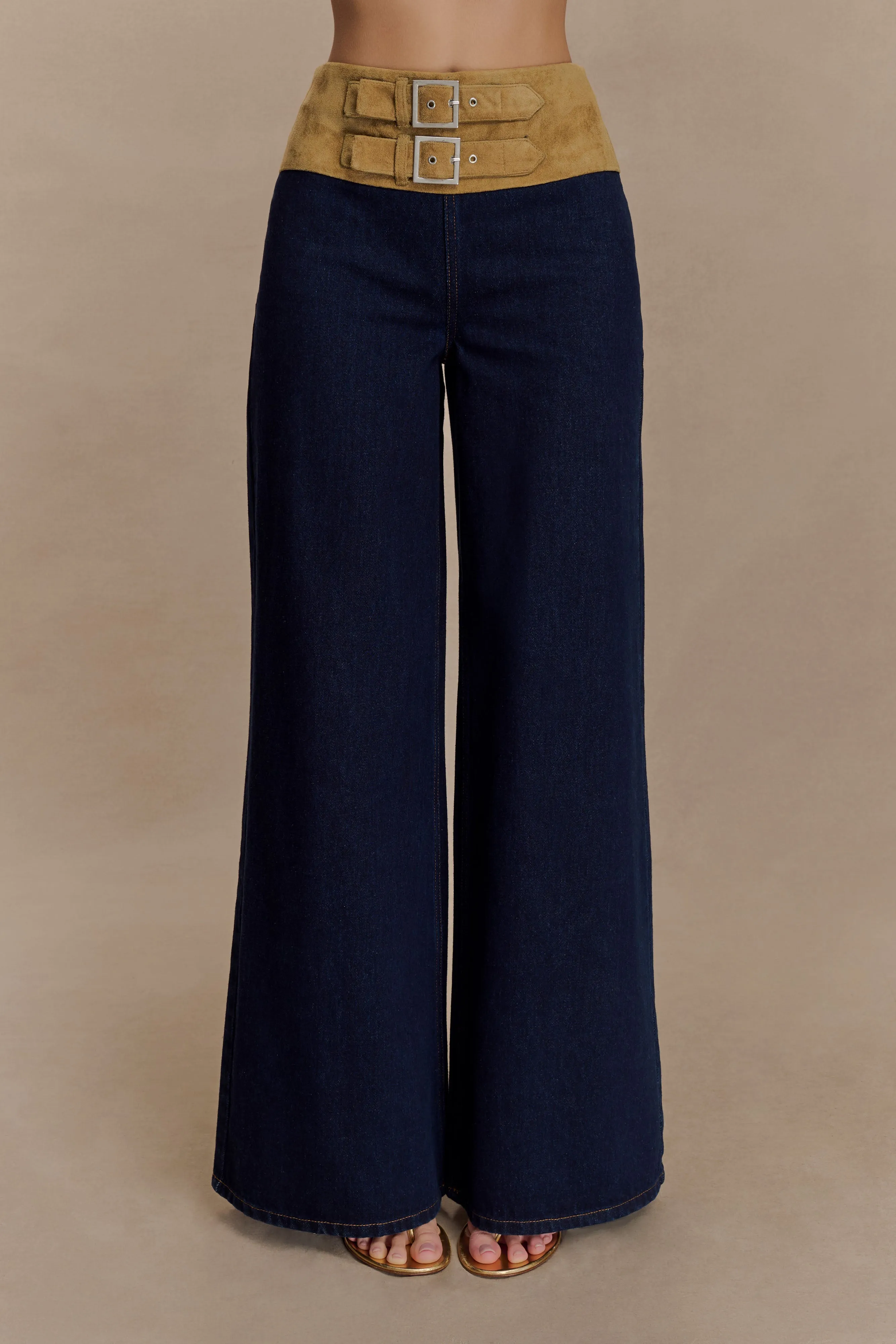 Zip Fly Closure All Purpose Miranda Faux Suede Belted Denim Wide Leg Jeans - Indigo Blue