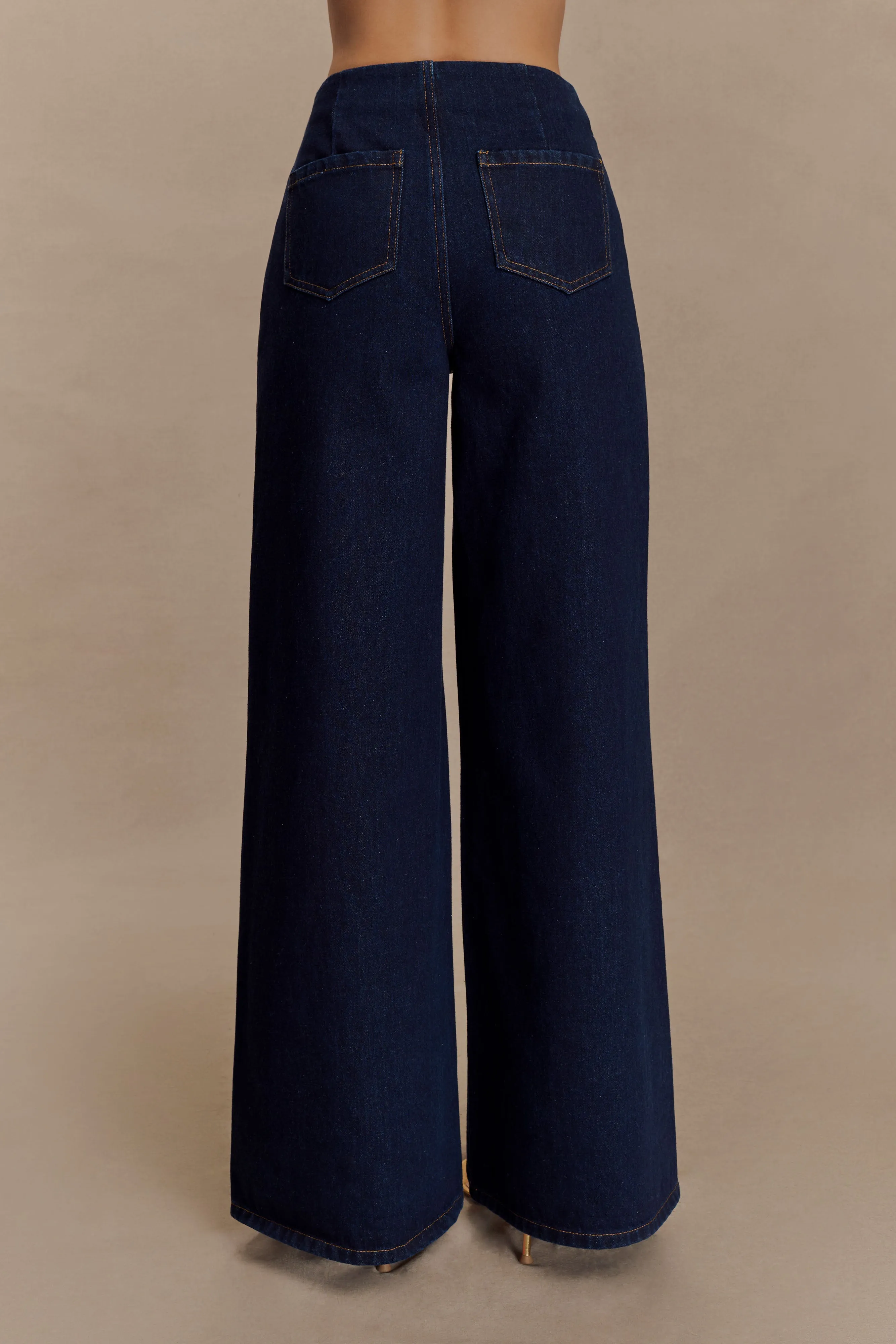 Neutral Smooth Miranda Faux Suede Belted Denim Wide Leg Jeans - Indigo Blue