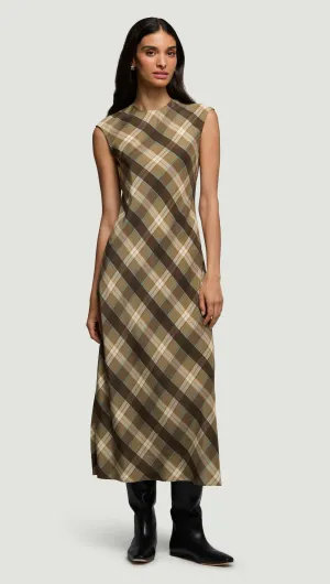 Bias Dress in Silk Charmeuse | Brown Plaid Neutral Look Fashion Forward