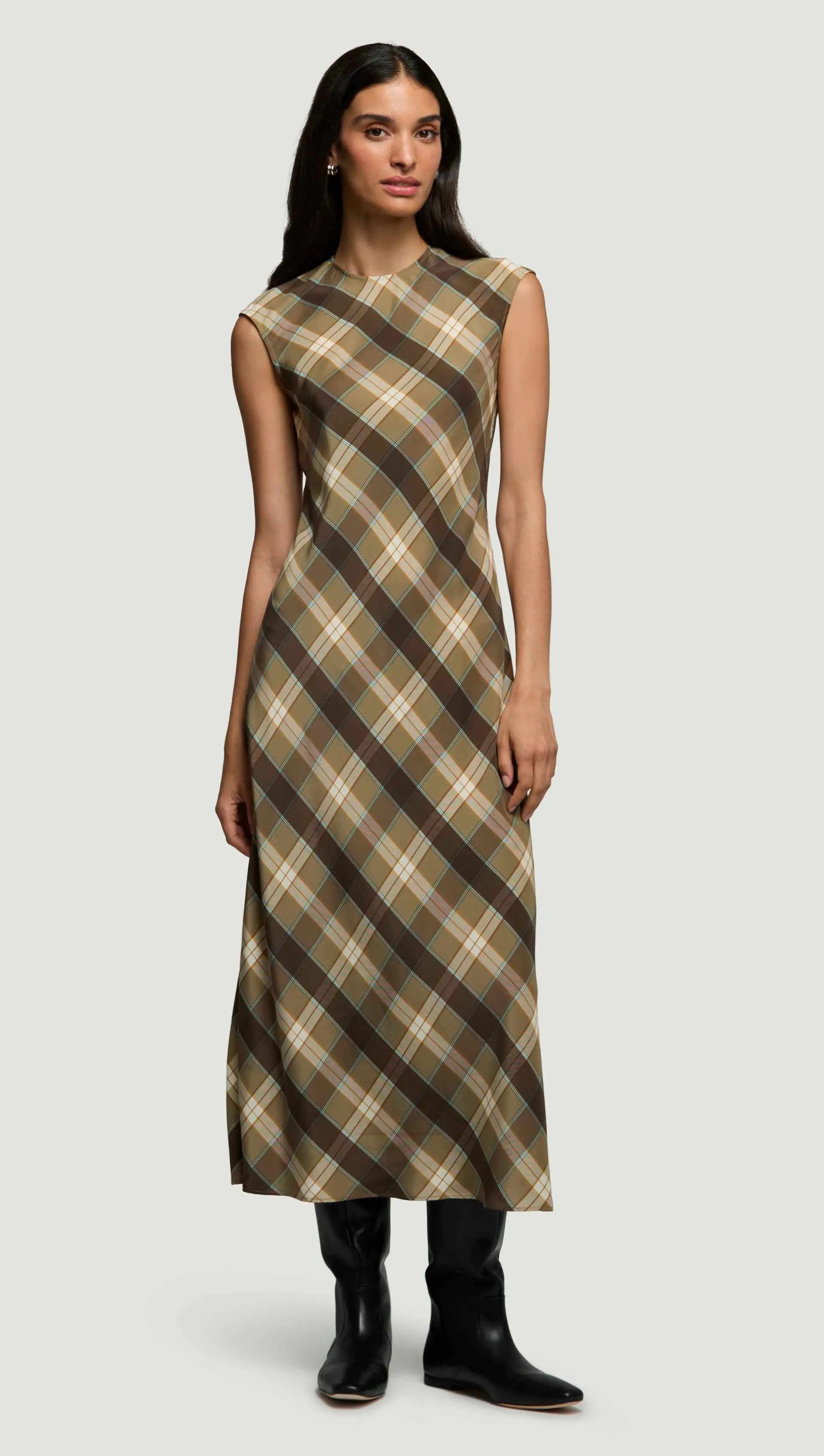 Bias Dress in Silk Charmeuse | Brown Plaid Smooth Detail Romance Glow