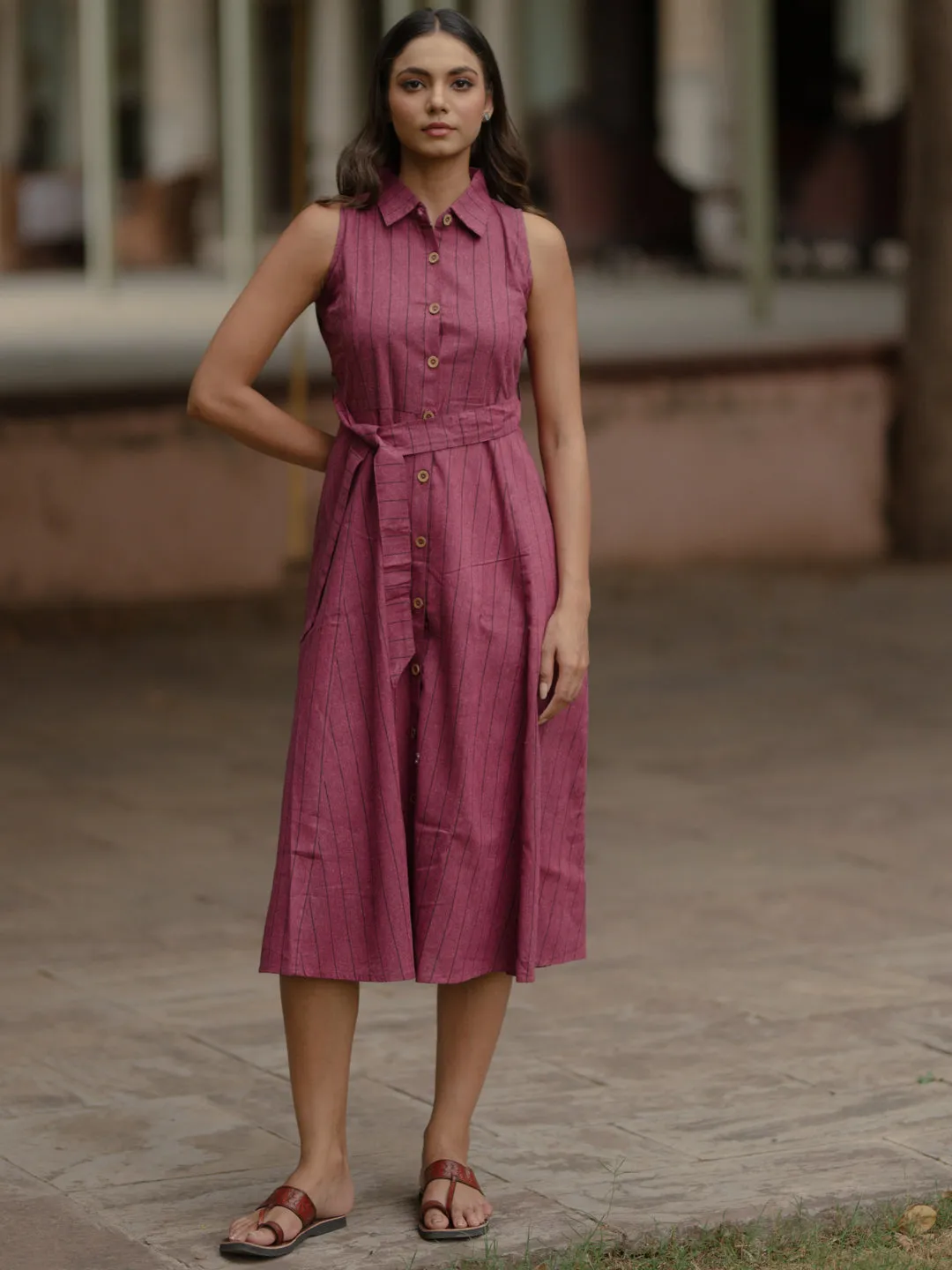 Women's Magenta Cotton A line Dress Stylish Waistband Design