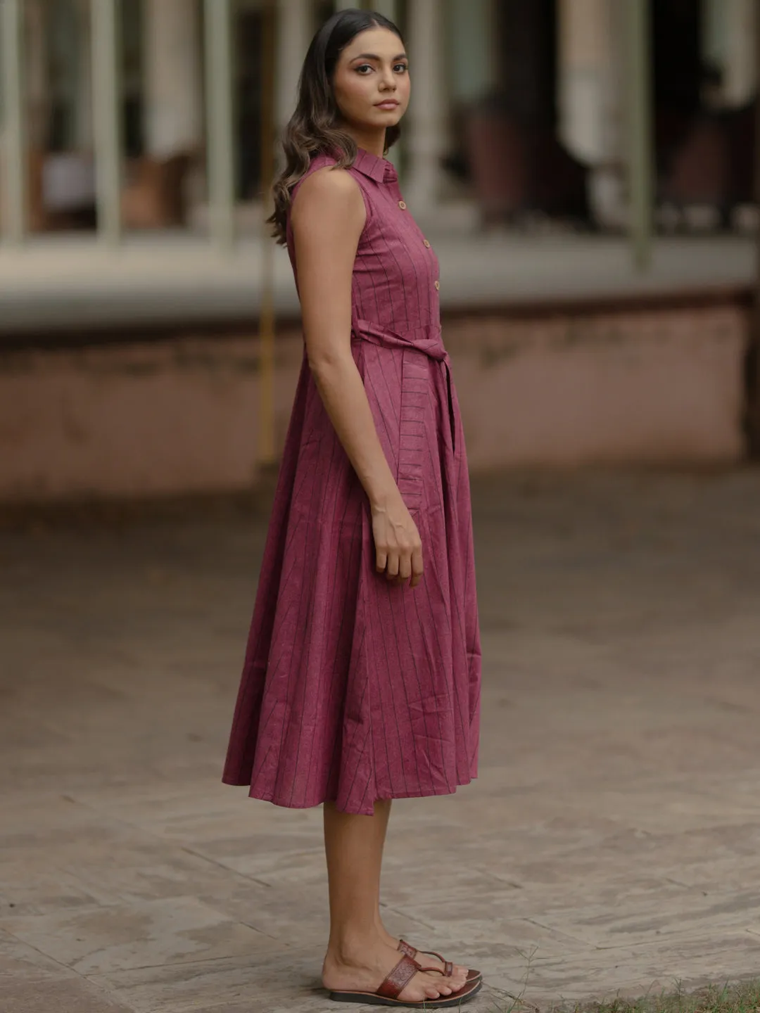 Women's Magenta Cotton A line Dress Quiet Glow Bow Glow