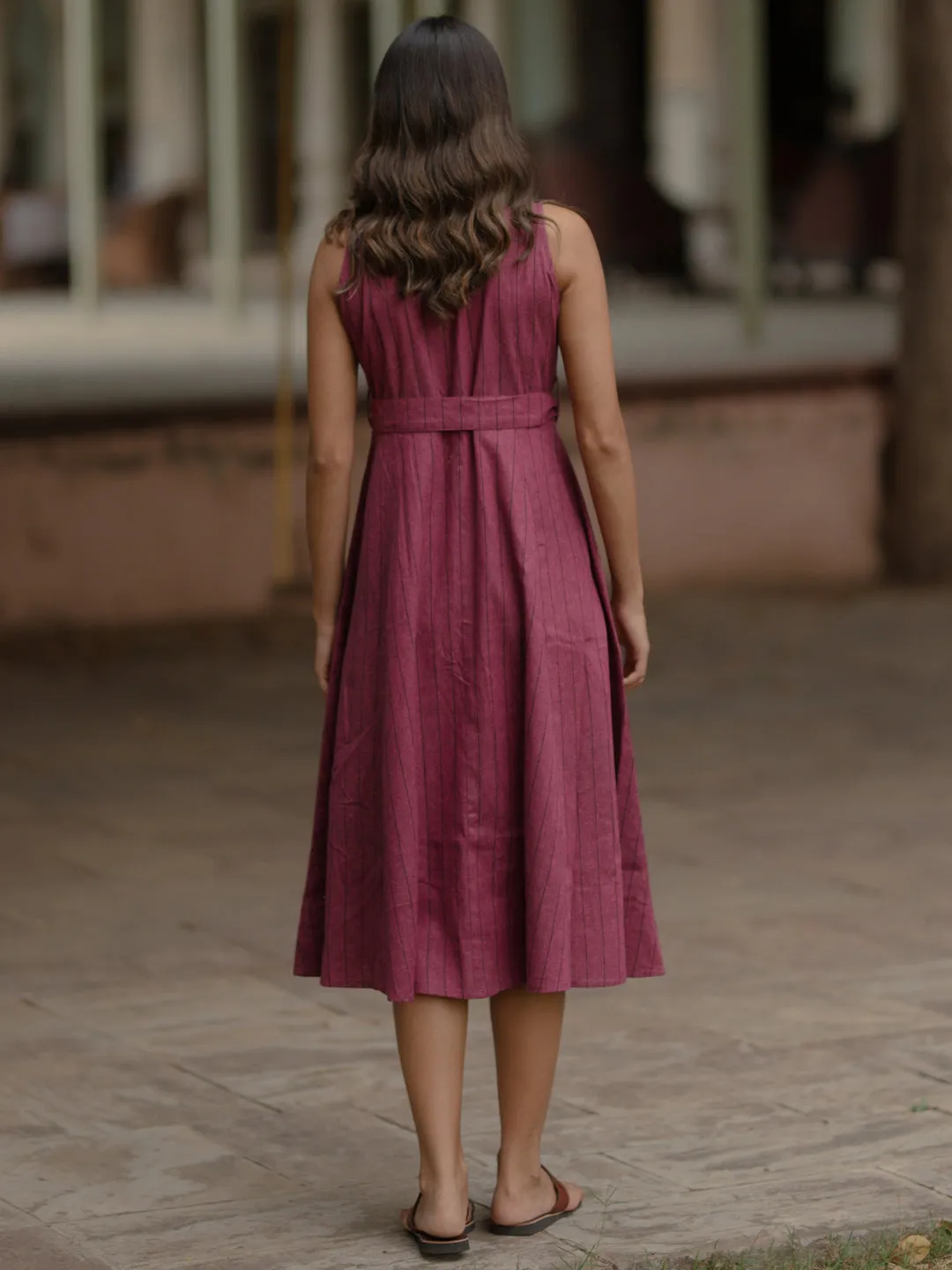 Women's Magenta Cotton A line Dress Panelled-Design Flexible Waist