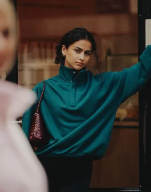 Snap Collar Sierra Sweatshirt in Teal goes with high heels Soft Fabric