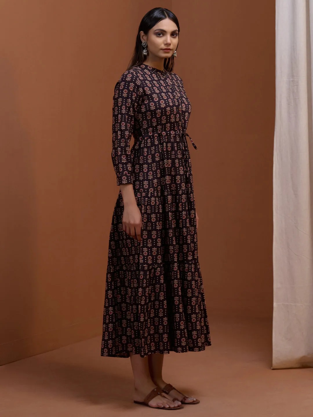Bell-Sleeve Women's Black Printed Tier Dress