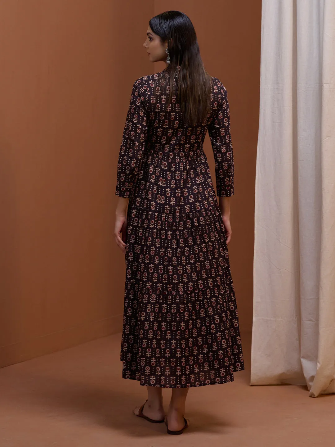 Women's Black Printed Tier Dress Lace-Trim