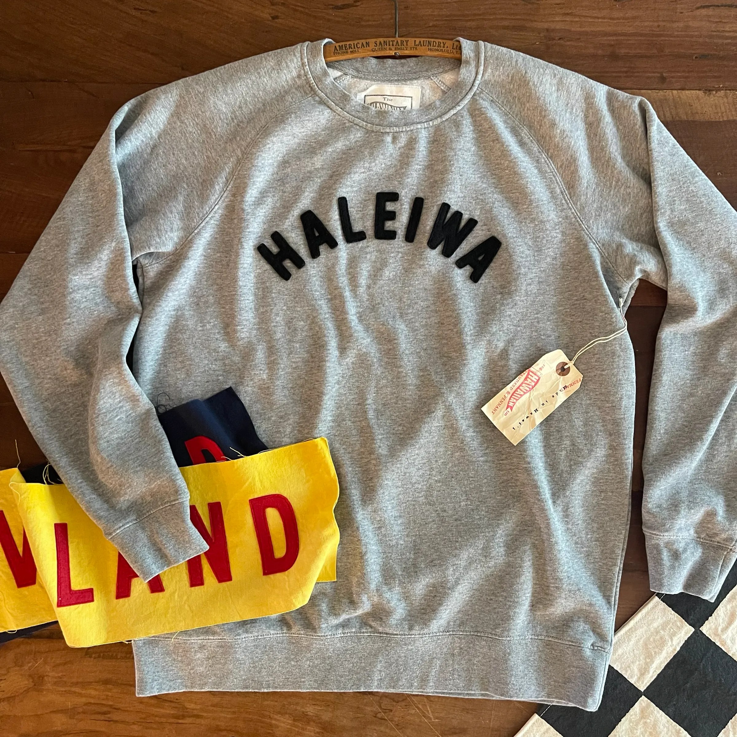 product holiday wear celebration Mens Raglan Fleece Grey Heather x Haleiwa Black Applique