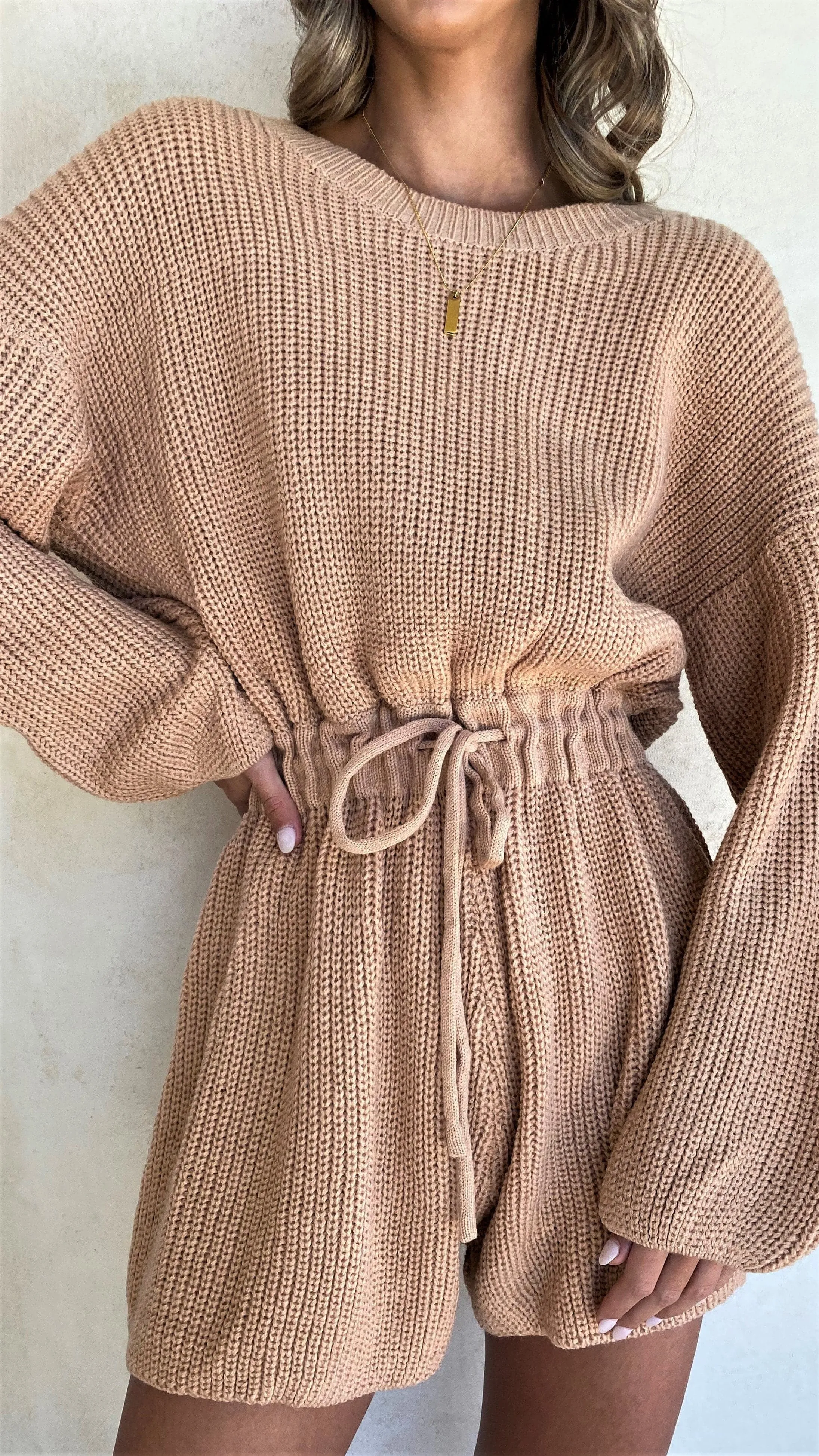 Warm Sweater Sol Knit Playsuit - Camel