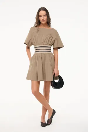 AMY MINI DRESS | TAUPE Drape Wave Fitted Shape